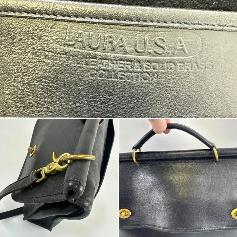 Laura USA Leather Messenger Bag Flap Double Turn Locks Satchel Vintage Briefcase